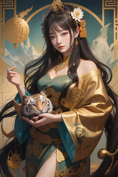 an ancient Chinese goddess, guanyin of the southern seas, Guanyin, Inspired by China, Avalokiteshvara rides a tiger，,Serene expression,shui mo hua,Buddha,Buddhist,Lotus,Chinese painting style,Thangka style