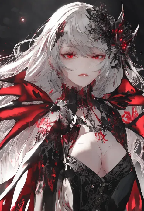 ((tmasterpiece、Need、ultra-delicate、A high resolution)), 独奏, a beauty girl，Vampires，Noble costumes， sparkle eyes，red pupils, perfect  eyes, 21yo, Black and white gold theme,Blood theme