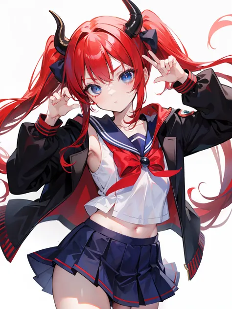 red hair, blue eyes, twintails, Sailor suit,black coat, Dragon horns,Pleated skirt,solo,loli,cute,bow