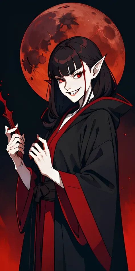 Black robe，red colour，Vampires，White skin of the，brunette color hair，red eyes，fang，pointy ears，The background is the city，Red Moon，blood stain，grinning smile，unholy