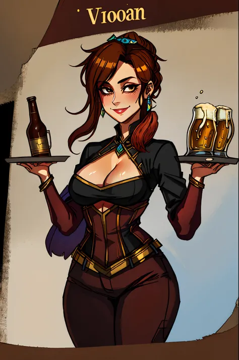 1girl, sexy beautiful innkeeper female, smile, tight light brown pants, brown clothing, jewelry, Victorian clothes, tavern, serving beers in a tray, best quality, masterpiece, anatomically correct, portrait