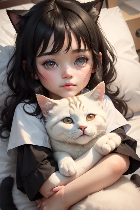 (8-year-old girl with Down syndrome, black hair, brown sleepy eyes, holding a white cat)