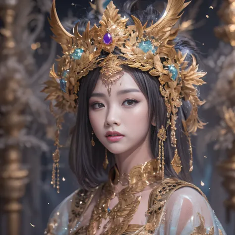 32K（tmasterpiece，k hd，hyper HD，32K）short detailed hair，Gold jewelry area in the back room，Flame Girl ，Yao Lang protector （realisticlying：1.4），Python pattern robe，Purple-pink tiara，Snowflakes fluttering，The background is pure，Hold your head high，Be proud，Th...