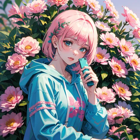 There was a woman looking at the audience with an old-fashioned phone and flowers in her hand, an album cover inspired by Elsa Bleda, Instagram, Realism, wearing a hoodie and flowers, lofi girl aesthetic, With flowers, green and pink, y 2 k aesthetic, y2k ...