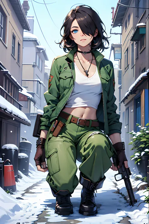 masterpiece, best quality, blue eyes, hair over one eye, green jacket, (cleavage:0.7), belt, green pants, fingerless gloves, cross-laced boots, holding AK-47, snow, one knee, from side, wide shot, blue sky