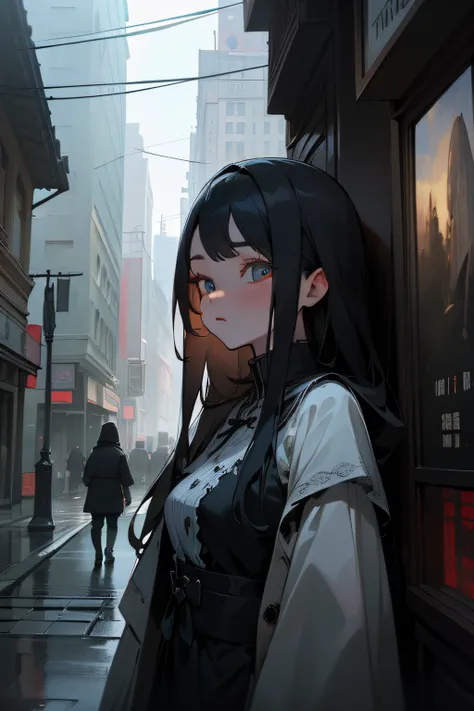 (Masterpiece, Best Quality, Ultra Detailed: 1.6), Illustration, (Single, 1 Girl, Beautiful Detailed Eyes: 1.2), City, Street, Fine Matte Dark Horror Painting