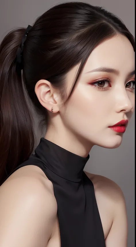 Chic business hairstyle portrait for spring and summer。Hair in a sleek low ponytail、Deep brown shade。Makeup with bold red lips and smoky gray eyeshadow、Reflects a sleek and sophisticated look