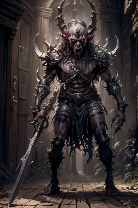 A closeup of a demonic-looking man holding a sword, arte de estilo fantasia escura, demon knight of death, guerreiro das trevas, demon berserker, design de personagens de fantasia sombria, arte de fantasia sombria, arte de terror de fantasia sombria, arte ...