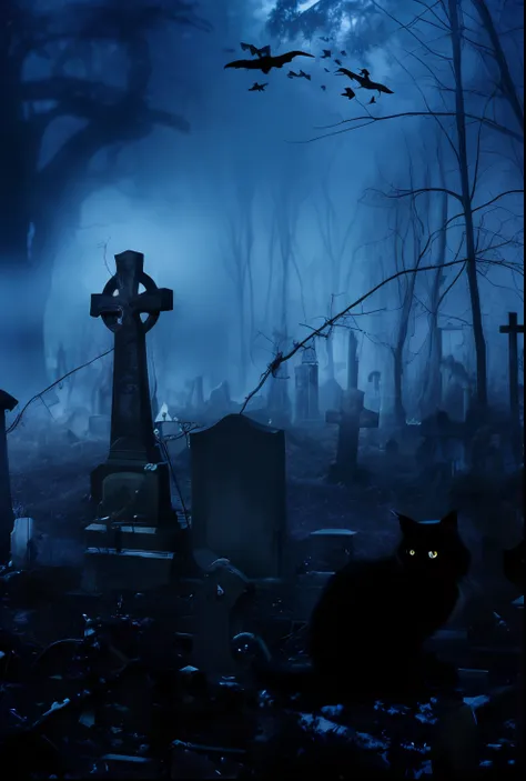 There is a cemetery，The cemetery has a cemetery cross and a cat sitting in the cemetery, Dark cemetery scene, graveyard background, in a graveyard, Cemetery view at night, Sitting in the cemetery at night, Midnight at the cemetery, Foggy dark cemetery, gra...