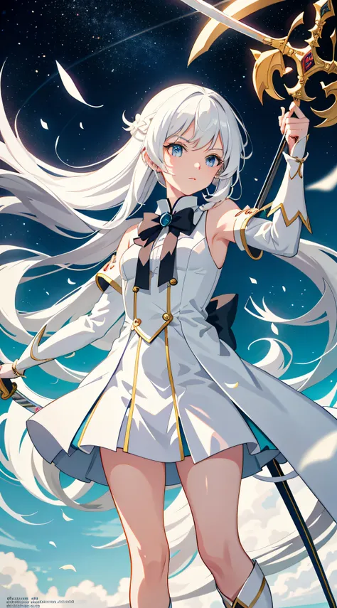 Anime girl holding a sword in her hand，Long hair white dress, white-haired god, anime girl with a bow and arrow, Anime goddess, gapmoe yandere, clean and meticulous anime art, clean and meticulous anime style, Anime girl with long hair, anime visual of a c...