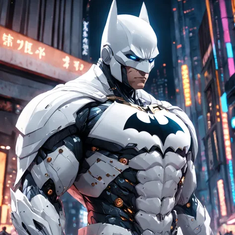 A realistic white batman in an advanced cyber suit