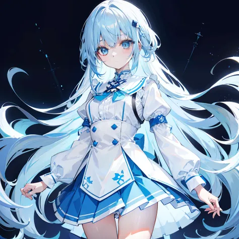 Long transparent light sky blue hair，Wears a soft, loose and milky blue、Jk uniform and pleated skirt in white，The waist is slender，The chest is relatively small，There is a bit of a milk murderer，This cute cute girl