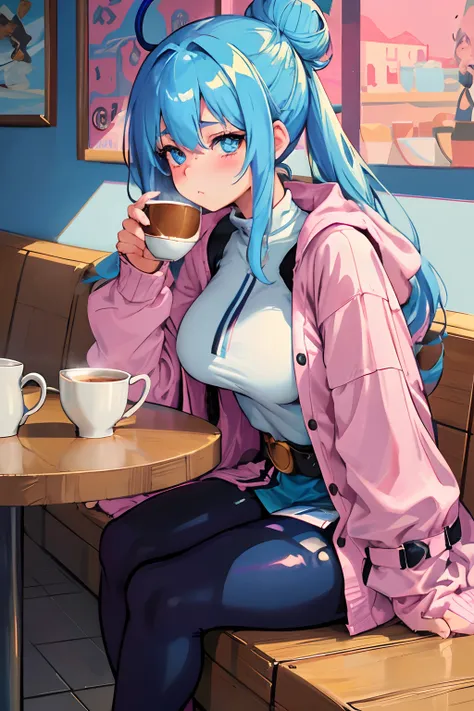 Original Character, Best Lighting, Best Shadows, a Teenager woman, with a cold face and blue eyes, long blue hair in a bun, closed mouth, medium breasts, her cheeks blush pink, oversized cardigan and jacket, leggings and tight belt, sitting in a cafe, hold...