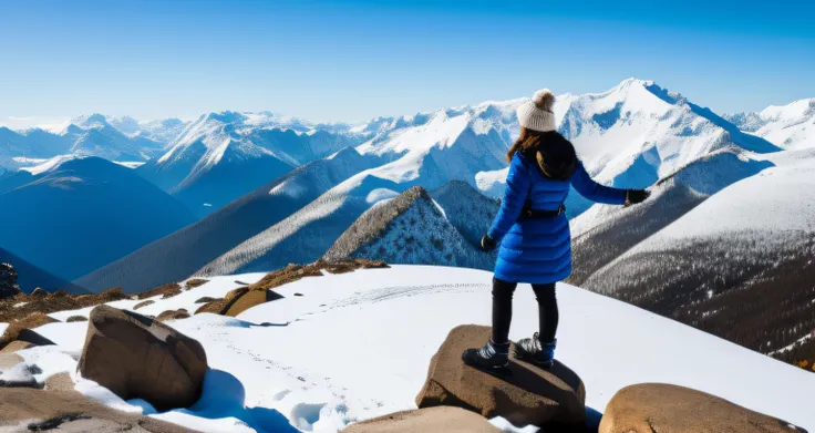 Winter woman standing on a rock, Climb the snowy mountains