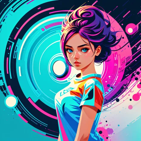 Image of a photographer girl, sci-fi, beautiful character, vivid background, abstract background, t-shirt design, vector art