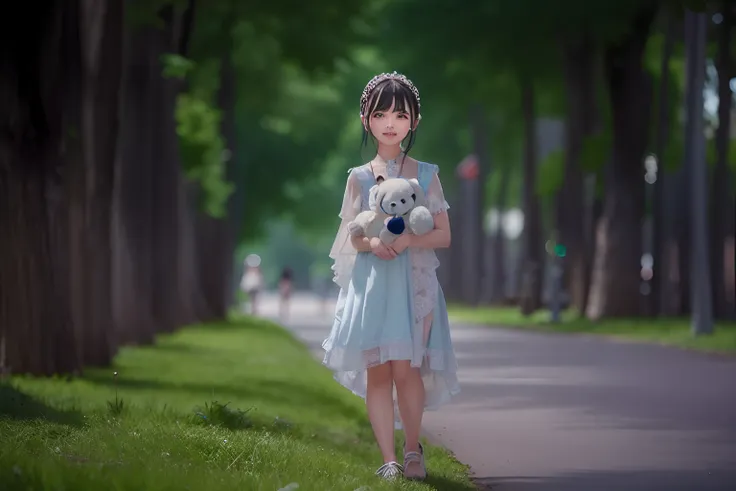 There was a little girl in a dress holding a teddy bear, Young Asian girl, girl in a dress, Elegant girl, Cute young girl, Girl, girl walking in forest, Chinese girl, In Park, 7 0 mm portrait, young girl, young and cute girl, Girl standing, Little girl wit...