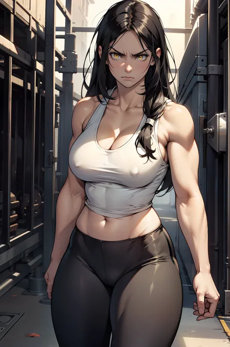 1 girl, solo, muscular, leggings, tank top, (muscular), large breasts, thick thighs, wide hips, long hair, black hair, yellow eyes, pale skin, angry