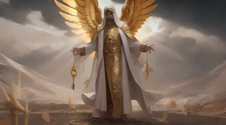 There is a man with a golden robe and a golden angel with a large chain in one hand and a large golden key in the other hand, Armadura Dourada Angelical, Anjo majestoso de corpo inteiro, vestes branco-douradas, arcanjo, Marcos Adamus, anjo, biblical accura...