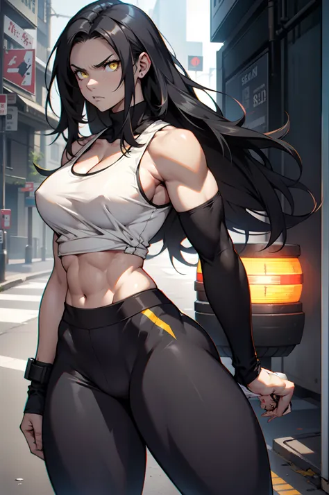 1 girl, solo, muscular, leggings, tank top, (muscular), large breasts, thick thighs, wide hips, long hair, black hair, yellow eyes, pale skin, angry