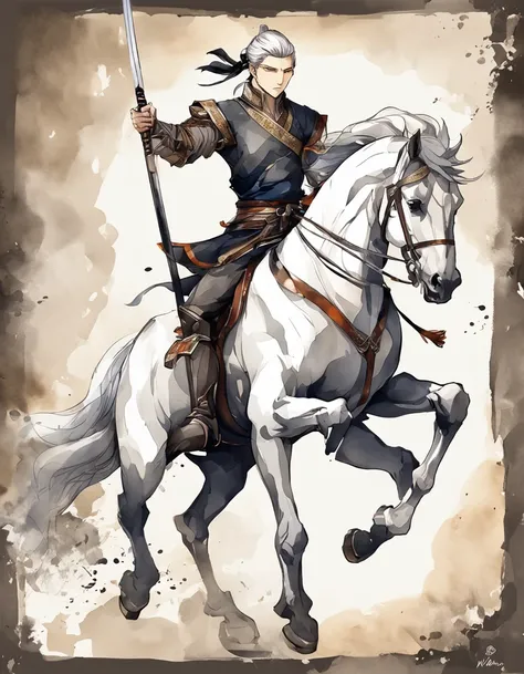 A male swordsman riding a white horse, With ink and wash style, Animation aesthetic style, Layered translucent, Black bronze, Handsome and elegant fabric - AR 3:4 --niji 5 -