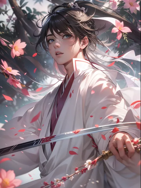 (a cool teenager male swings chinese sword), (white hanfu), wind surround, colorful flowers surround, reality, clear face, clear and bright eyes, high detail, cinematic lighting, motion blur, ray tracing, reflection light, (close-up), masterpiece, best qua...