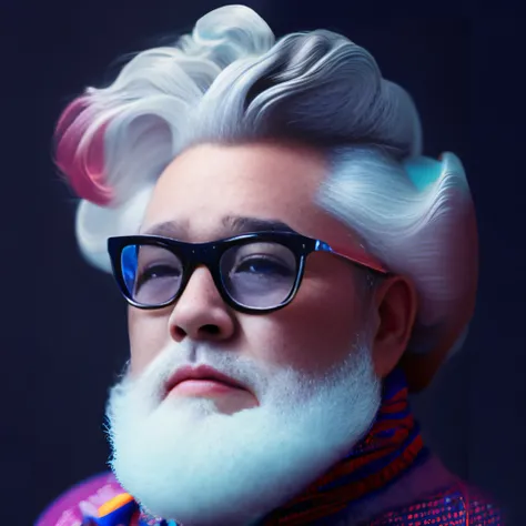 (Fashionista portrait of fat and very old American man, 1950s with complex color modern bright color glasses), Colorful fluffy hair, Serious expression (Extremely detailed digital photography: 1.2), Standing in the heart of the city, ((((full bodyesbian)))...