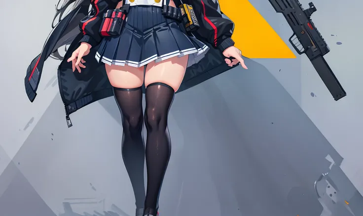 a masterpiece of,(perfect anatomia:1.4), best qualtiy, high_resolution, Fine details, highly detailed and beautiful, Distinct_image, (solo women), ,(huge-breasted), thighhigh,Long Black Hair,Anime girl in short skirt and jacket with jacket on shoulder, Fin...