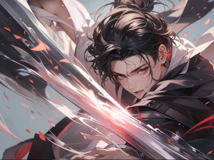 (a teenager male swings a Chinese sword),(handsome male), (hanfu), ink water surrounded,wind surrounded, reality, clear face, clear and bright eyes, high detail, cinematic lighting, motion blur, ray tracing, reflection light, (close-up), masterpiece, best ...