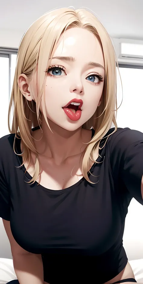 realisticlying、45-year-old girl、wearing black tshirt，Face enhancement，Chest super large zoom，Cleavage emphasis，Looking up from the bottom，Hair blonde，Blue eyes、Blushing，Red lips，A sexy，Bed sit，stick out your tongue and open your mouth wide、Put your arms be...