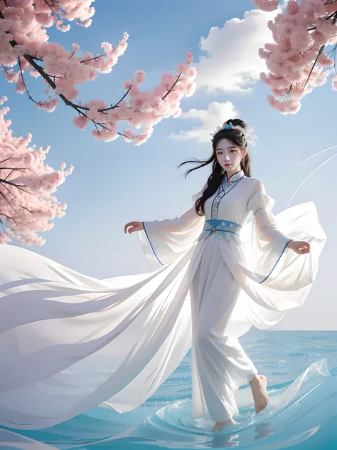 china goddess，The appearance of the seven Chinese fairies，Float in the air，Her clothes were made of tulle，clothesfluttering，The sleeves of the clothes are long，The fairys legs are beautiful，The fairy wears a classical Chinese bun，The goddess floats high in...