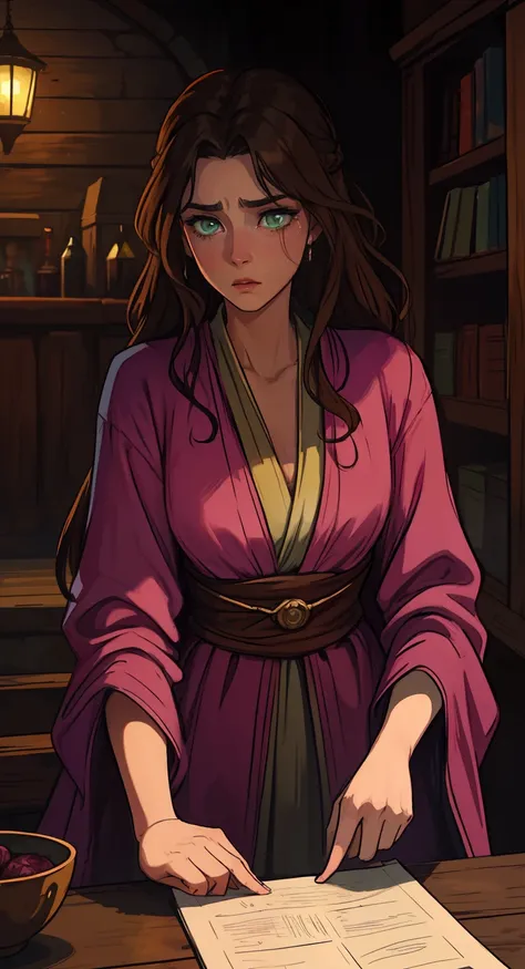 A beautiful woman with green eyes and brown hair She is a sorceress wearing silk robes. Low lighting Pink lips crying a lot, abaixada, wooden floor. A princess of magic and a sad look of dramatic concern. Uma arte para um RPG Uma arte medieval para RPG