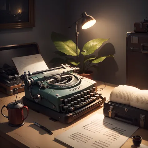 there is a typewriter that is sitting on top of a pile of luggage, stylized digital art paint, plantas ao redor, beautiful  lighting