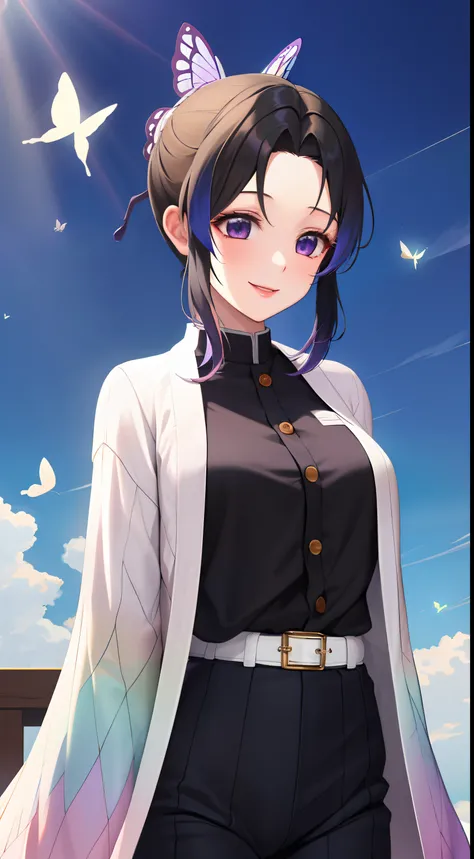 ​masterpiece, top-quality, Hi-Res, 1girl in, 独奏, kochou shinobu, butterfly hair ornament, a purple eye, O cabelo multicolorido, shorth hair, partedbangs, Black pants, Black jacket, long-sleeve, a belt, cowboy  shot,Blue Higan Flower、A smile、amaryllis