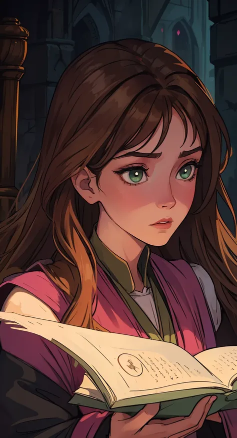 A beautiful woman with green eyes and brown hair She is a sorceress wearing silk robes Low lighting Pink lips A princess of magic and a sad look of dramatic concern An art for an RPG A medieval art for RPG