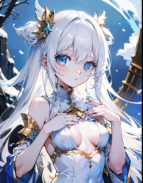 Long snow-white hair，Poor breasts, flat chests, small breasts，Wear white clothes that match light sky blue，And embellished with gold ornaments