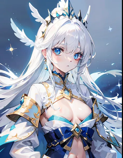 Long snow-white hair，Poor breasts, flat chests, small breasts，Wear white clothes that match light sky blue，And embellished with gold ornaments