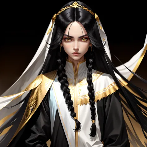 Need,tmasterpiece,Black hair is long and straight,Dark golden eyes,Manteau blanc,Overlooking,The upper part of the body,Hairline,Fair skin,SideBraid