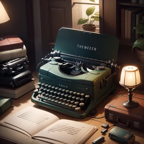 there is a typewriter that is sitting on top of a pile of luggage, stylized digital art paint, plantas ao redor, beautiful  lighting