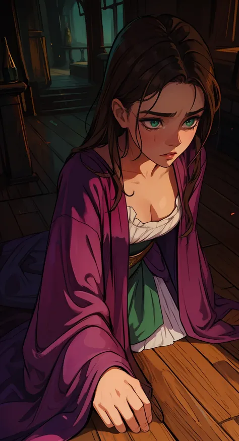 A beautiful woman with green eyes and brown hair She is a sorceress wearing silk robes. Low lighting Pink lips crying a lot, abaixo, wooden floor. A princess of magic and a sad look of dramatic concern. Uma arte para um RPG Uma arte medieval para RPG