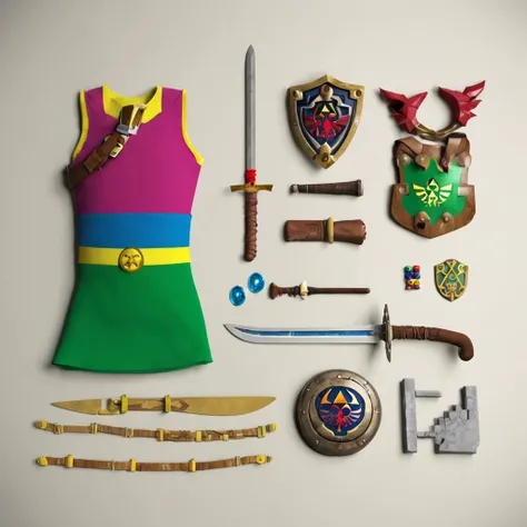 ::style (knolling), 3d render, the legend of zelda, tloz, items, sword, clothes, shield