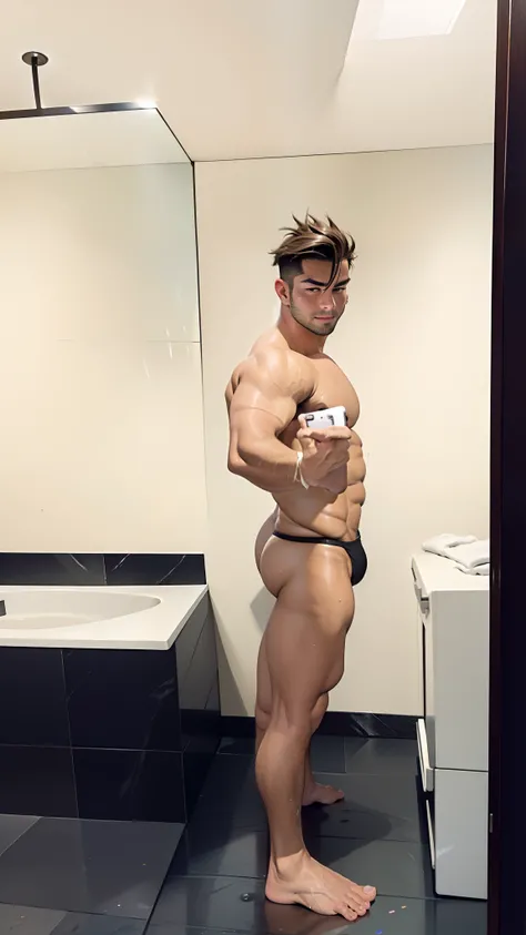 1 gay man standing and taking mirrorfie selfie with iphone 14 in his right hand, very big stocky chubby masculine body, mega muscles, erotic look, naked, wearing nothing, wearing leather thong only highlighting his big bulge, big bubble butts beefy cakes b...