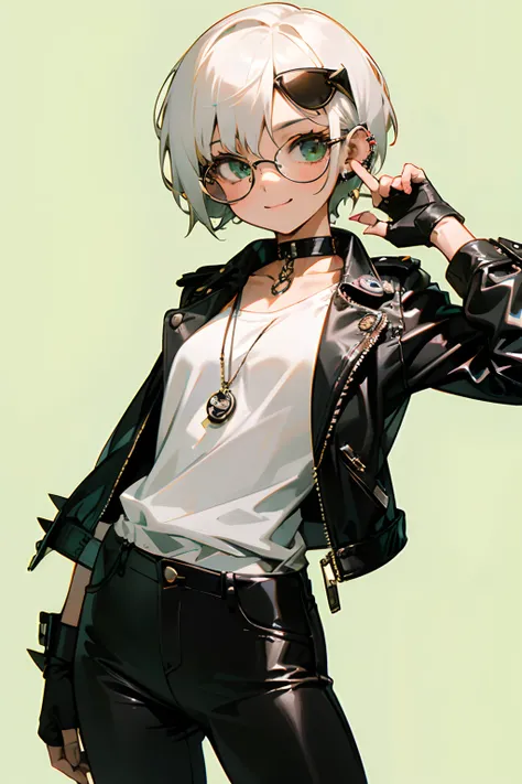 girl, (Short hairstyles with white hair),((Aviator Sunglasses)), (Tomboy), Big smile, Street Bandit Clothing, Leather jacket, White T-shirt, Small breasts, Black leather jacket, Street Bandit Leather Pants with Silver Chain, spike choker, Piercing ears, Fi...