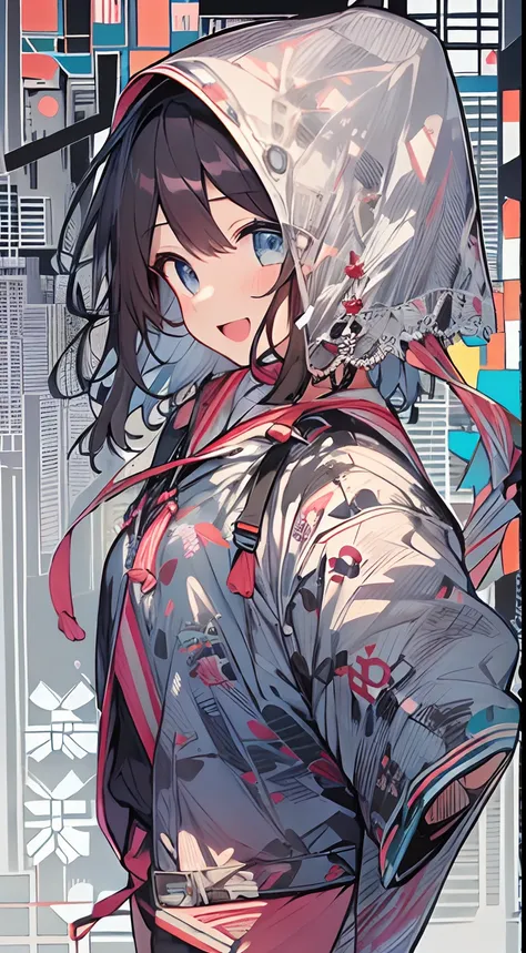 masutepiece, Best Quality,Illustration, Wallpaper, Ultra Detail, 1girl in,Solo,Beautiful detailed eyes,Very thick contour lines、Medium Short-Cut Hair、Short, Braided hair、(student clothes)、Dark hair color、Open mouth and big smile、Kamimei、Angle from which yo...