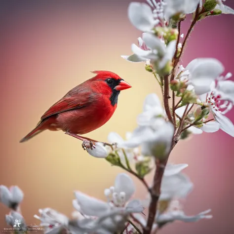 red cardinal bird with red berries and white flowers, Miki Asai Macro photography, close-up, hyper detailed, trending on artstation, sharp focus, studio photo, intricate details, highly detailed, by greg rutkowski