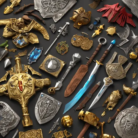 (knolling), 3d, the legend of zelda, tloz, items, sword, clothes, shield