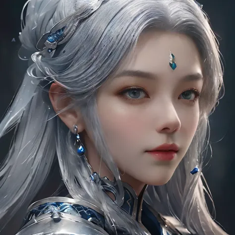 a close up of a woman in a silver and navy dress, silver hair , chengwei pan on artstation, by Yang J, detailed fantasy art, stunning character art, fanart best artstation, epic exquisite character art, beautiful armor, extremely detailed artgerm, detailed...