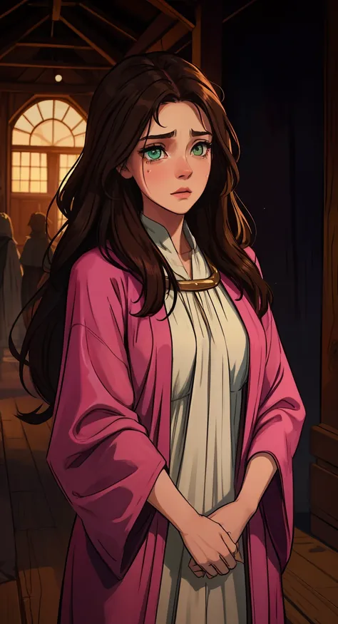 A beautiful woman with green eyes and brown hair She is a sorceress wearing silk robes. Low lighting Pink lips crying a lot, abaixo, wooden floor. A princess of magic and a sad look of dramatic concern. Uma arte para um RPG Uma arte medieval para RPG