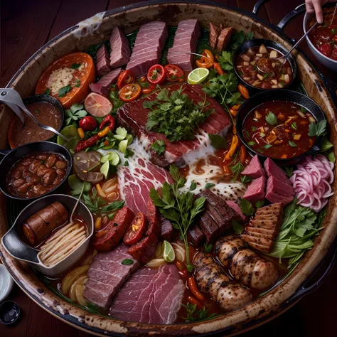 High angle of view，hot pot，chili pepper，Beef slices，Ham sausage，tmasterpiece，4K，strong lights，lightand shade contrast