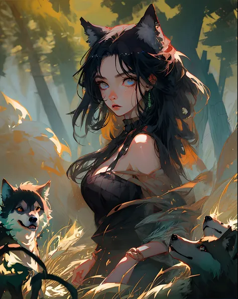 Girl standing with wolf, anime, dark atmosphere,    Beautiful, petting black wolf, claws, aggressive beast hybrid, forest, sexy outfit, looking at viewer