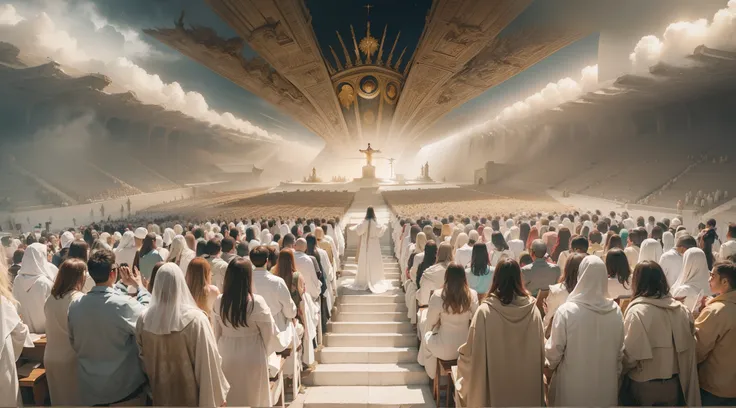 A stunning image depicting the Doomsday scenario, conforme descrito em Apocalipse 20:11. ((O trono branco onde Jesus se senta se destaca na cena)), The throne of Jesus is full of glory, Before Jesus an immense multitude of people, Everyone is in the clouds...